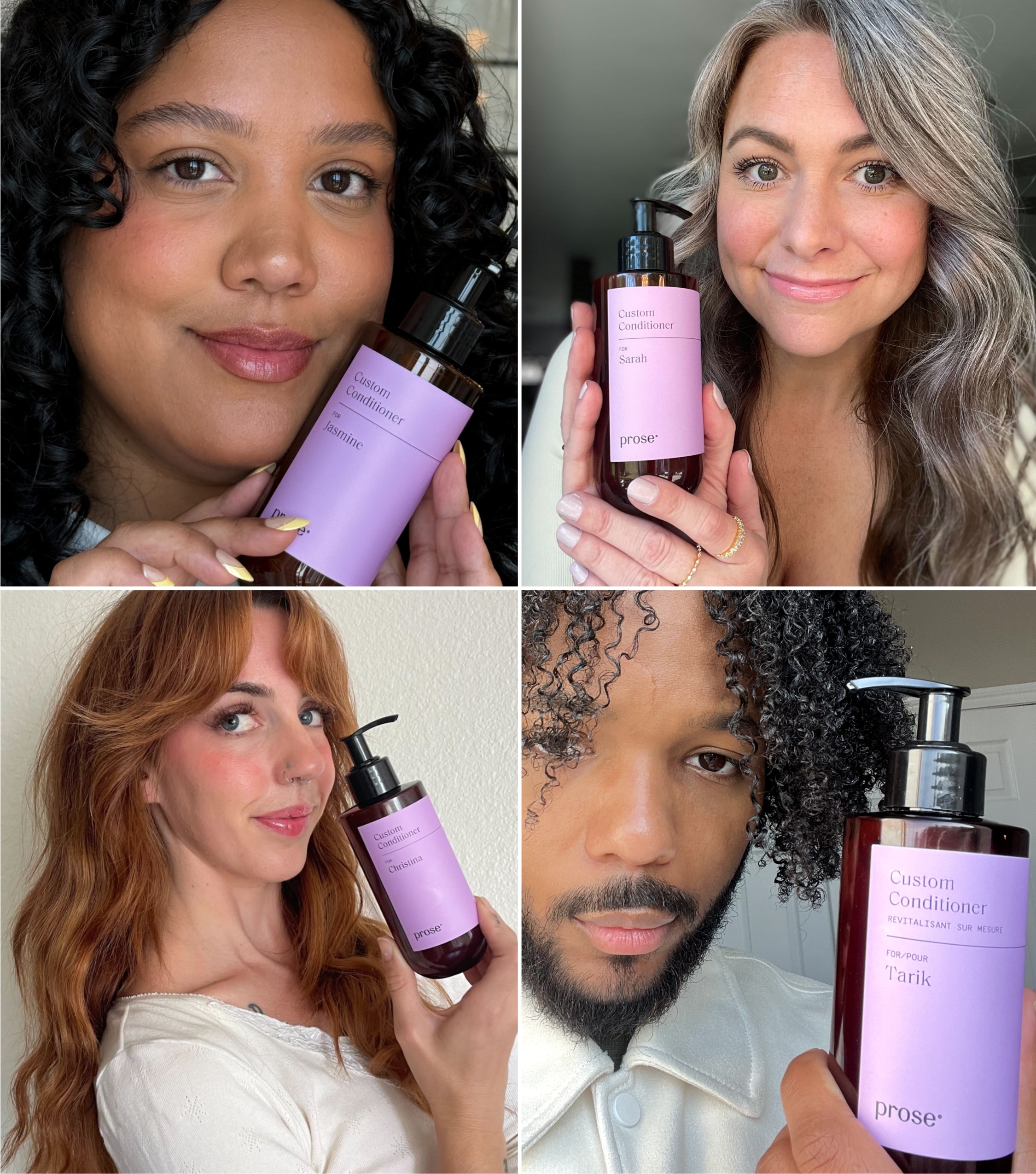 Models posing with custom conditioner bottles