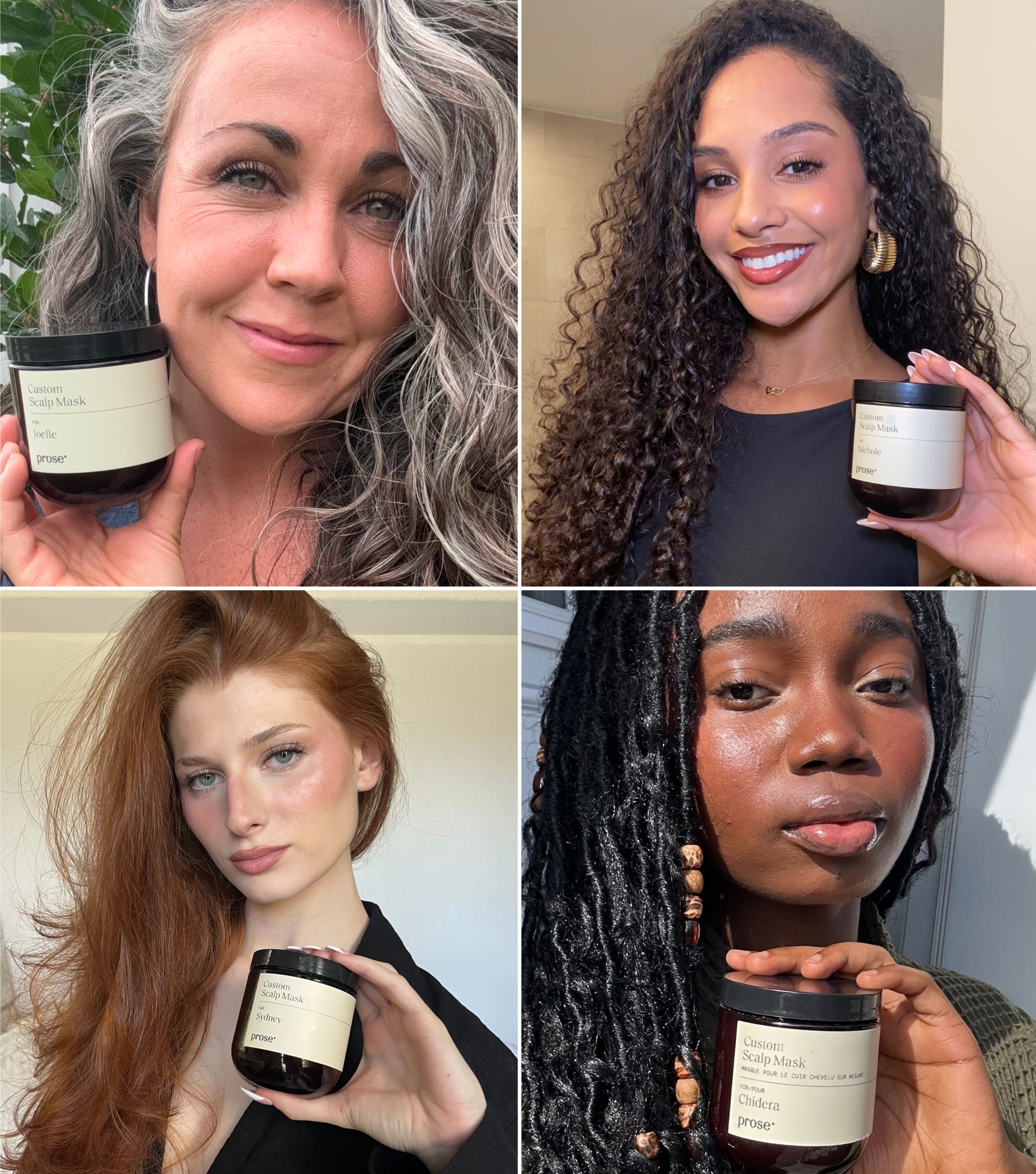 Models posing with custom hair mask bottles