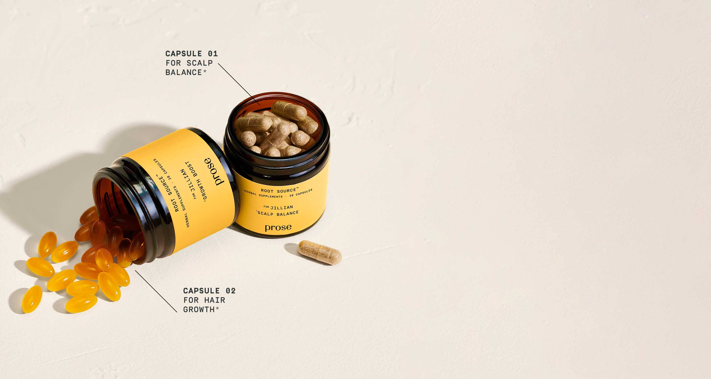 2 supplements. Each jar contains a specific capsule. Capsule 1 for scalp balance. Capsule 2 for hair growth.